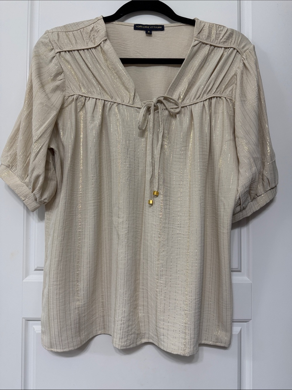 Adrienne Vitadini  Cream Metallic Stripe Tie-Front Peasant Blouse